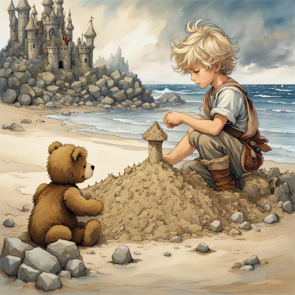 Seashore Fairytale: Boy and Teddy Bear Build Sandcastle