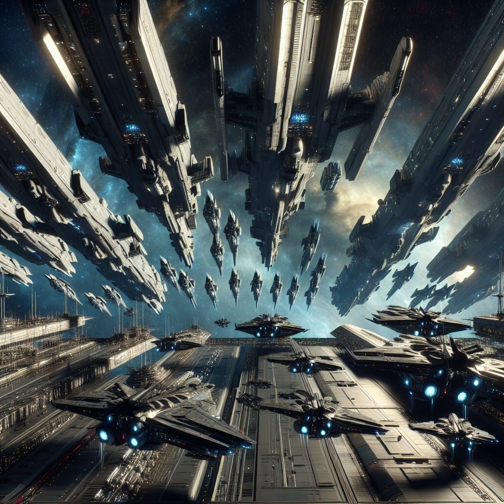 Fleet of Spaceships Above Space Station