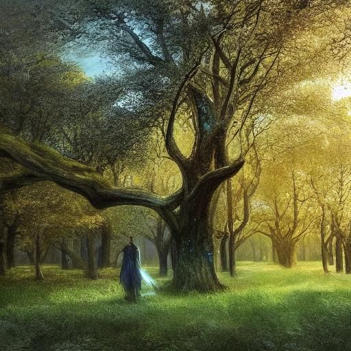 Angel in Autumn Oak Forest, Dark Fantasy Art