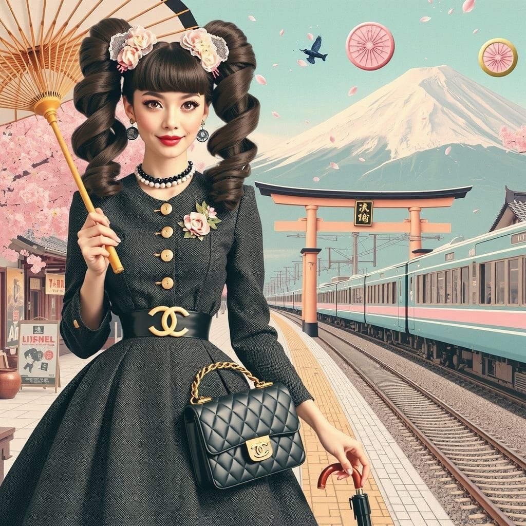 Elegant French Girl in Retro-Japonisme Style Waiting for Shi...