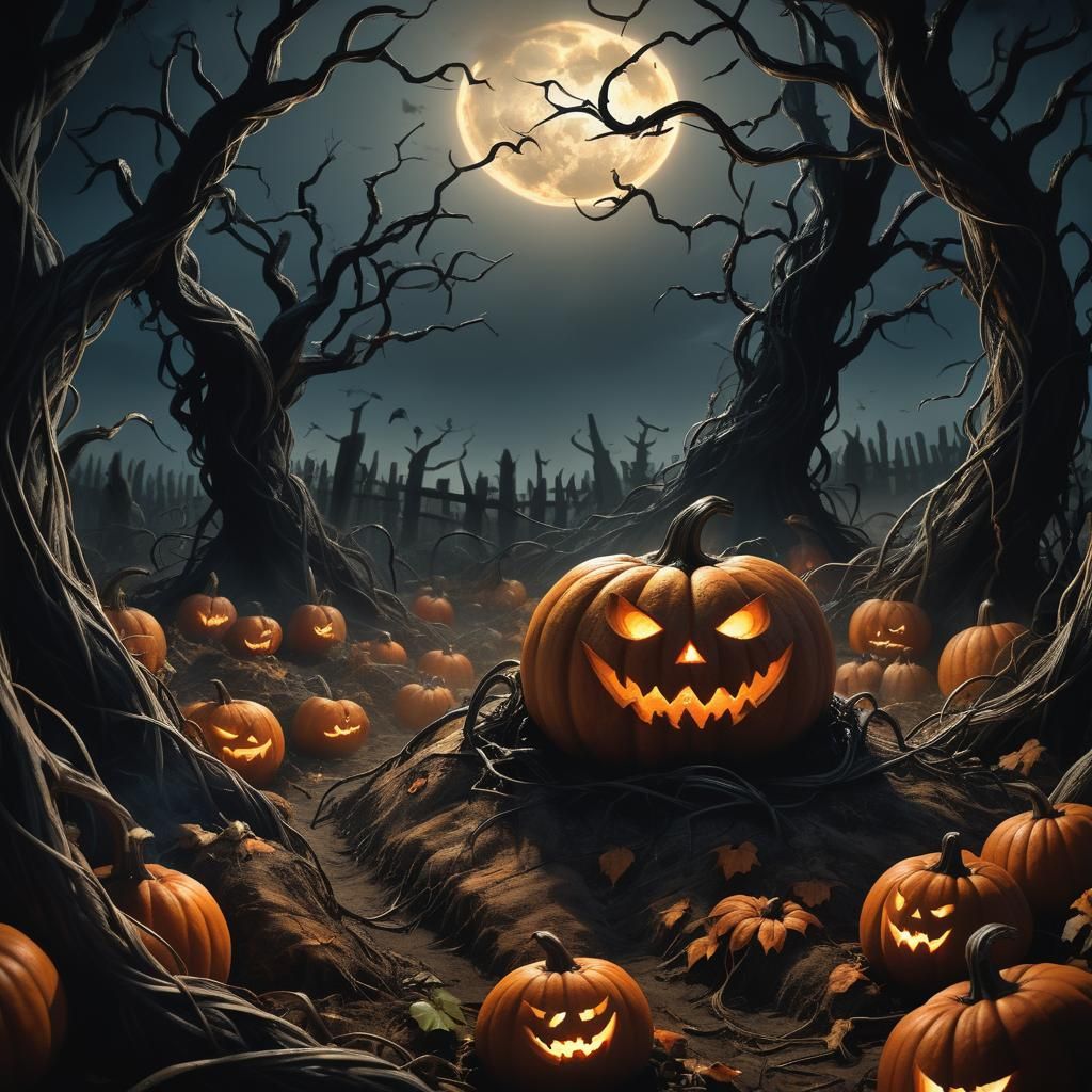Eerie Haunted Pumpkin Patch in Dark Fantasy Style
