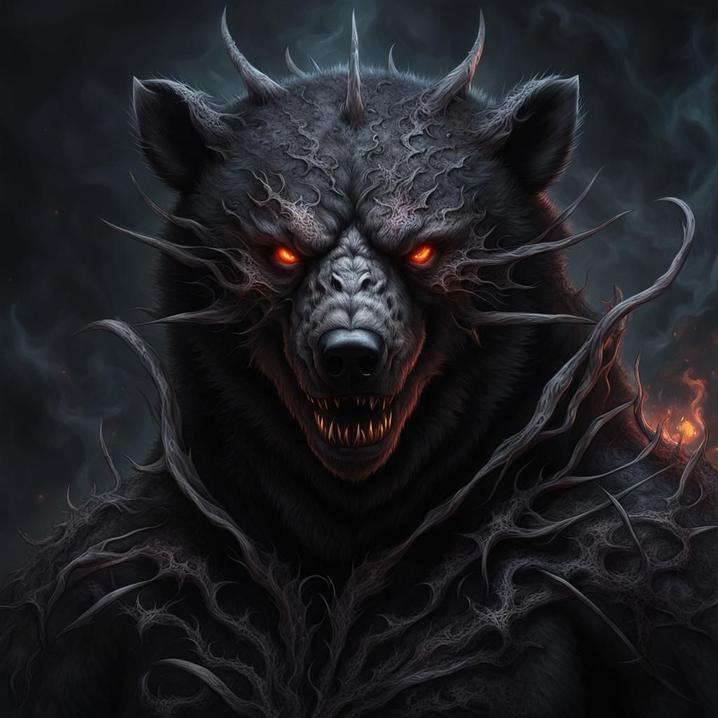 Eerie Undead Bear Dragon Portrait with Spider Tattoos