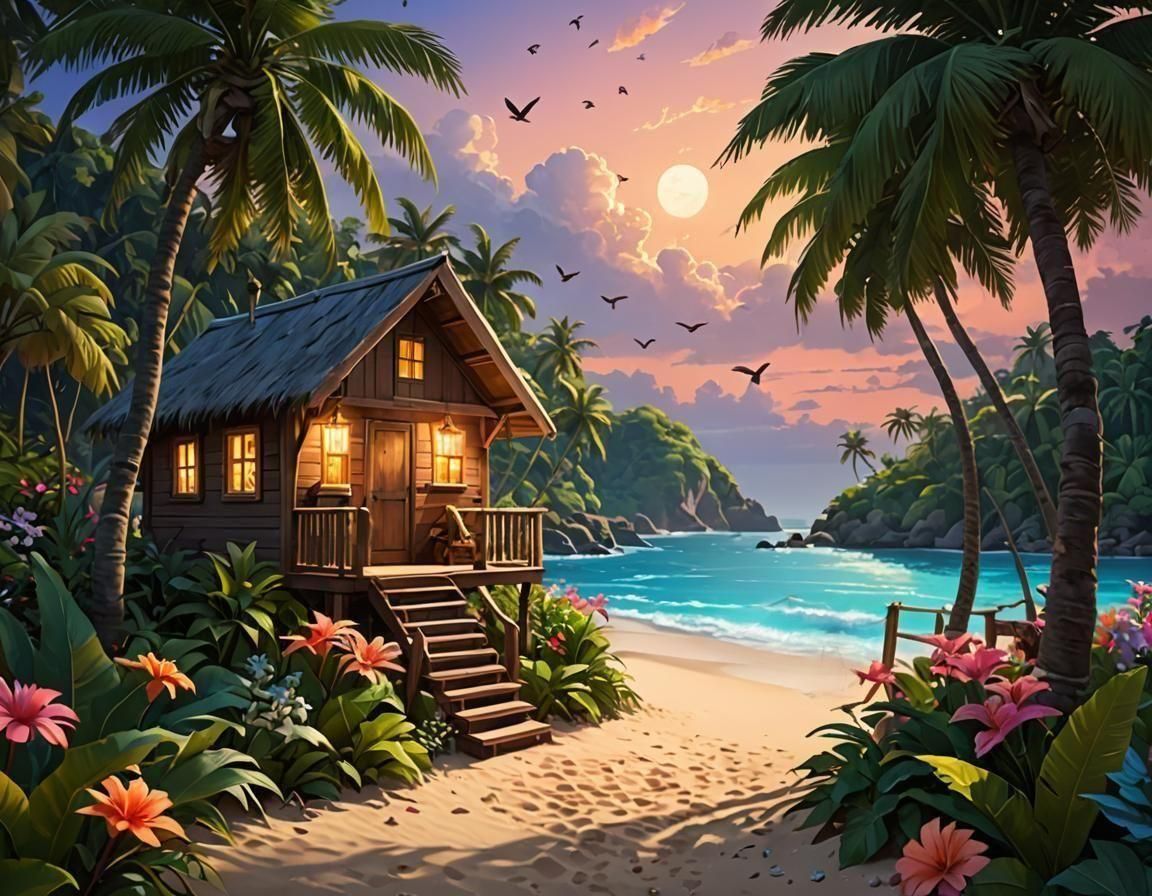 Twilight Paradise Cove with Luminous Flowers