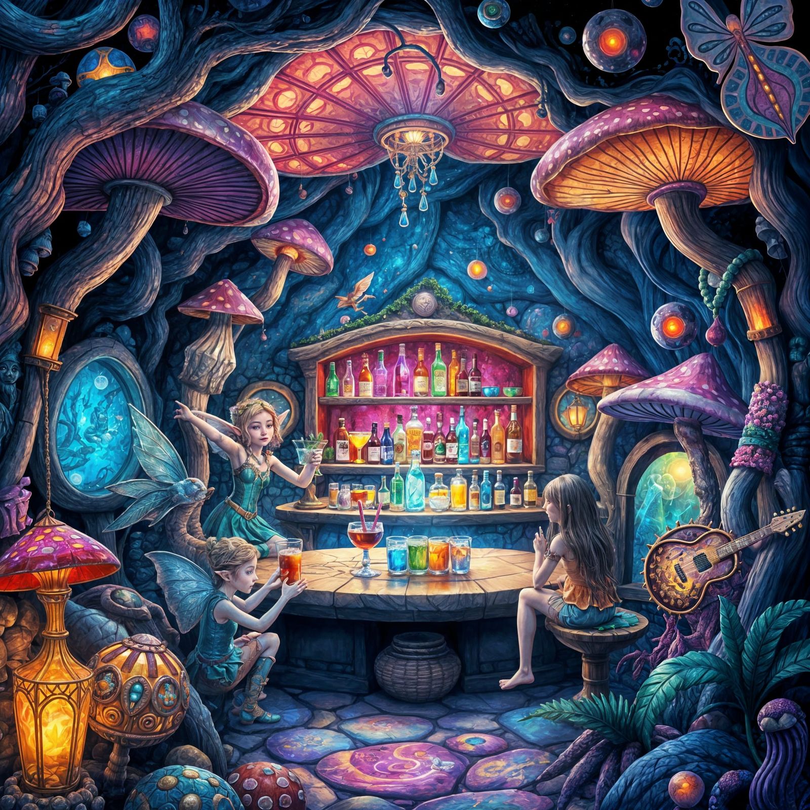 Elves and Fairies in Underground Tavern, Astral Illustration