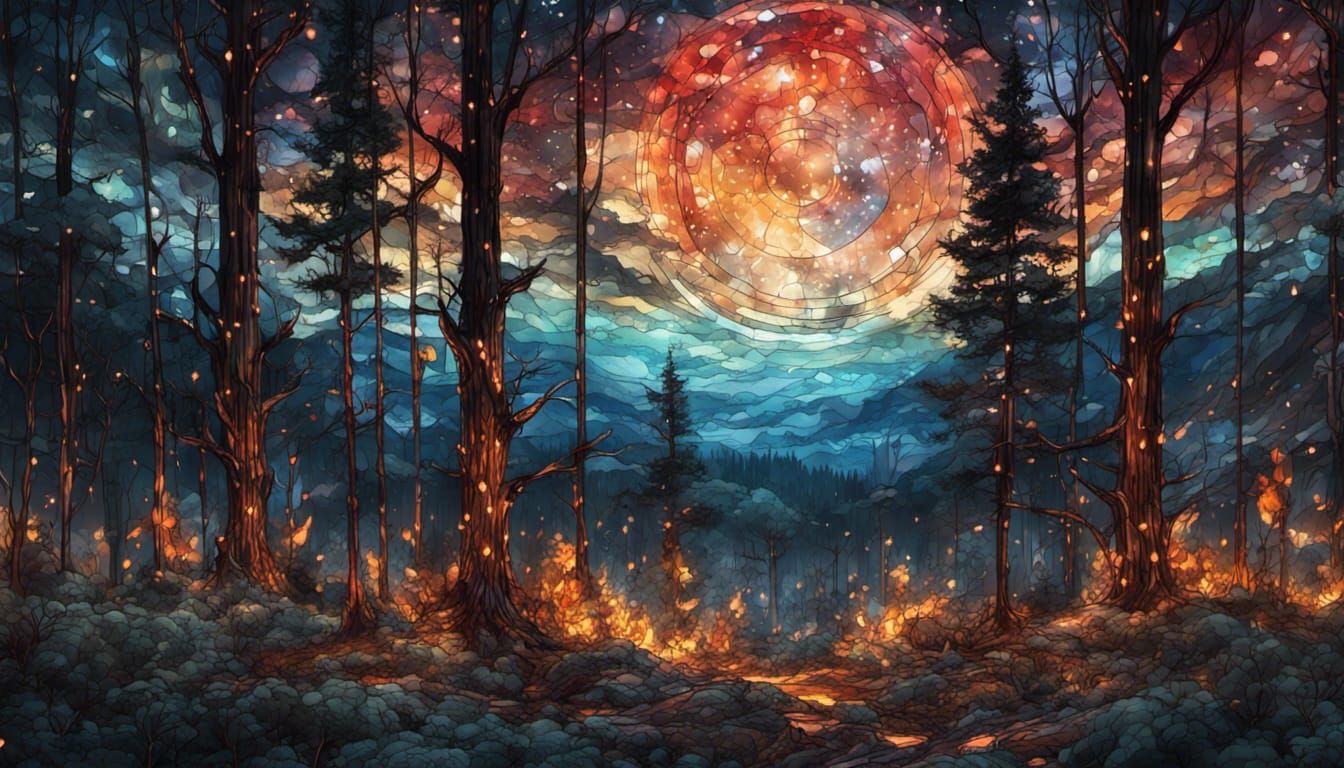 Stained Glass Night Sky Forest Fire Digital Art