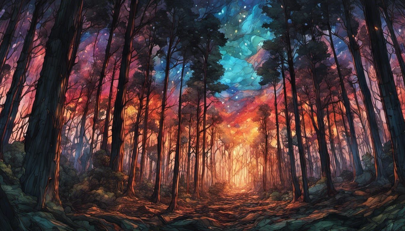 Fiery Forest Under Stained Glass Sky