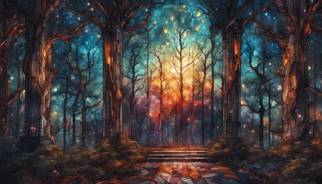 Stained Glass Night Sky Forest Fire, Digital Art