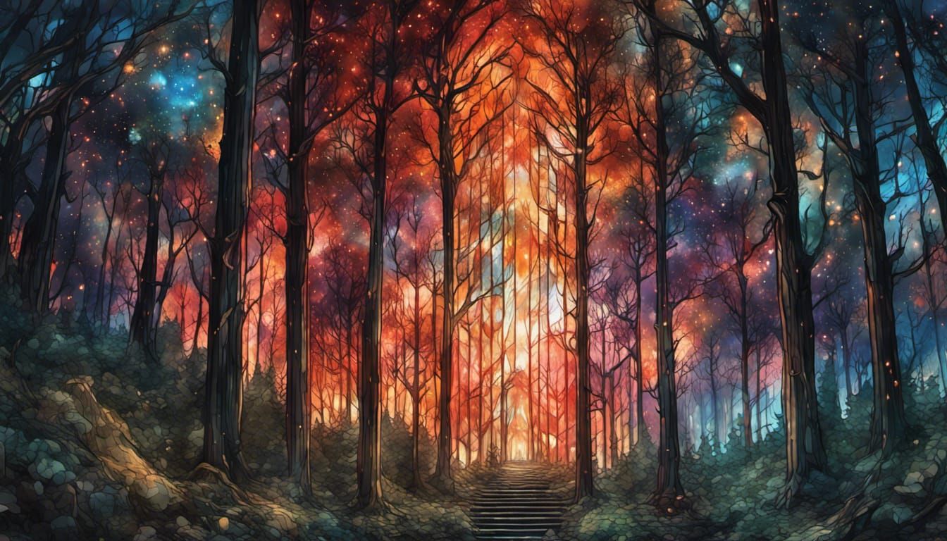 Stained Glass Night Sky Above Burning Forest