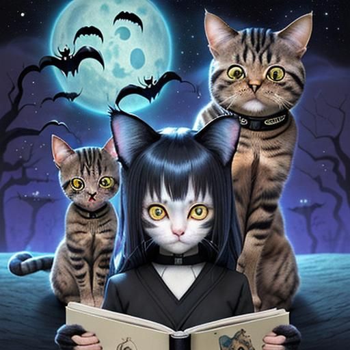 Three-Headed Cat in Anime Galactic Storybook Style