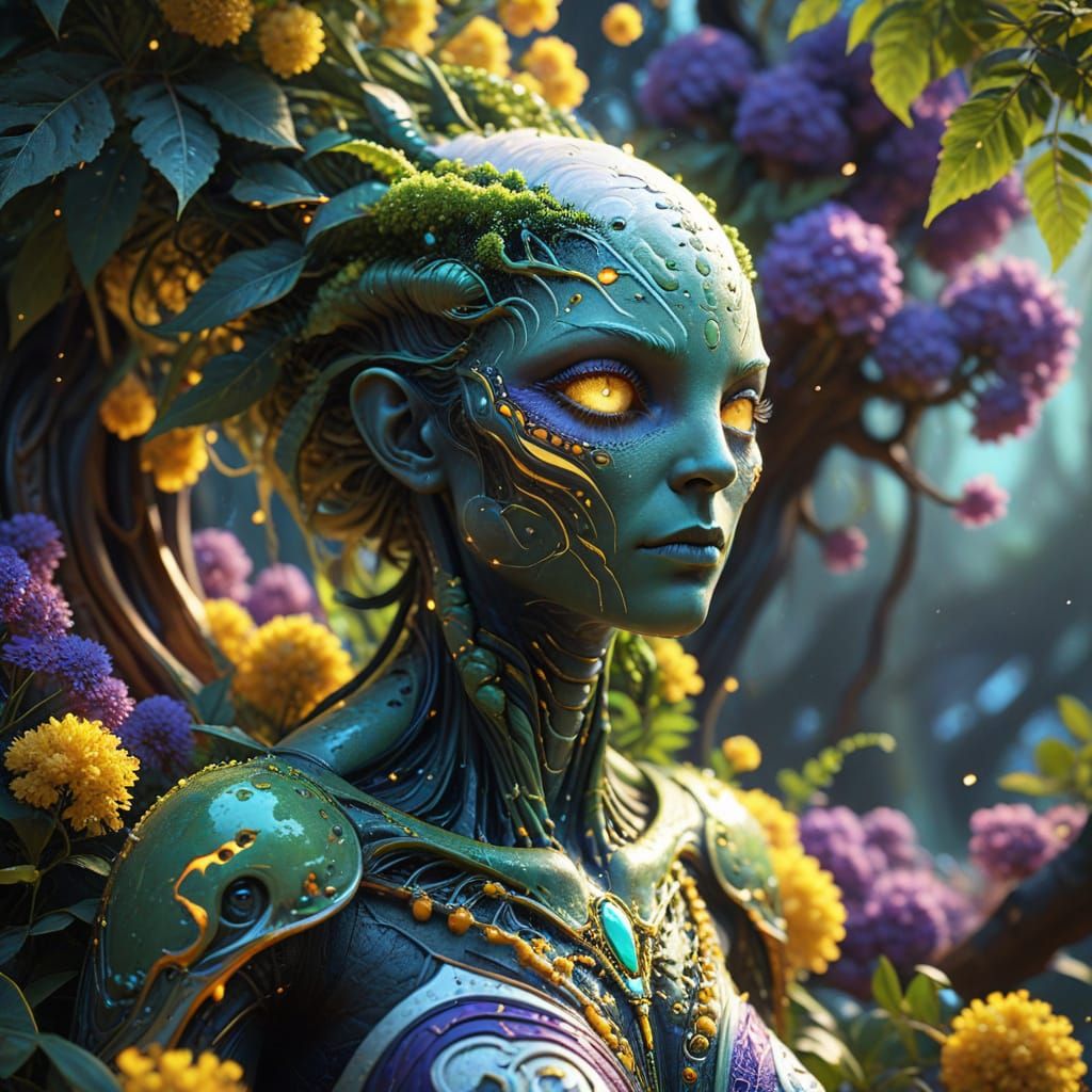 Alien Amidst Vibrant Mimosa Tree in Whimsical Dark Fantasy S...