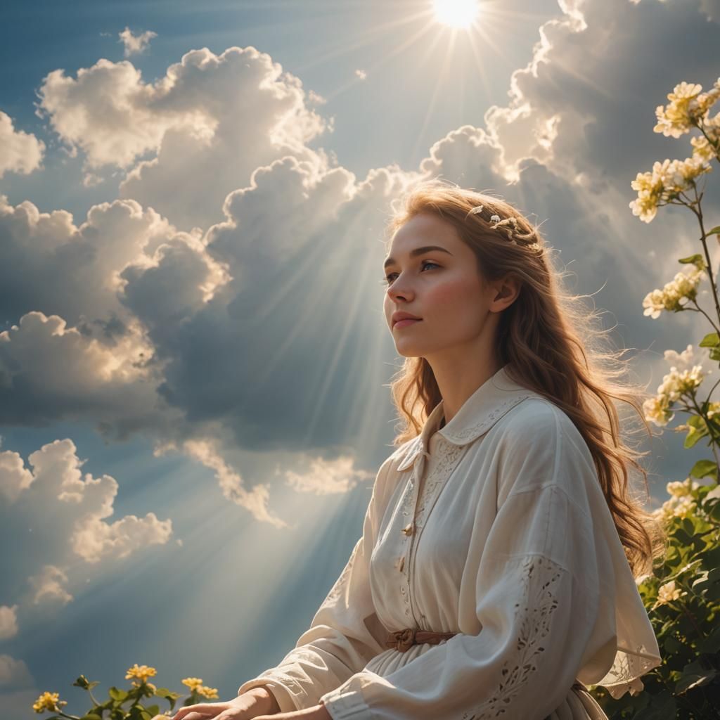 Girl in Divine Sunshine Among Clouds
