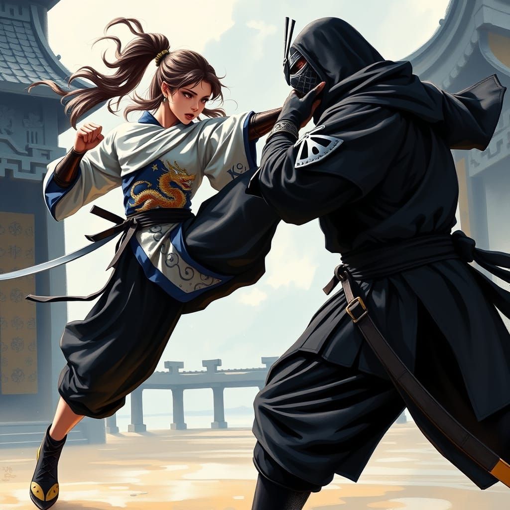 Samurai Jump Kick in Impressionist Style