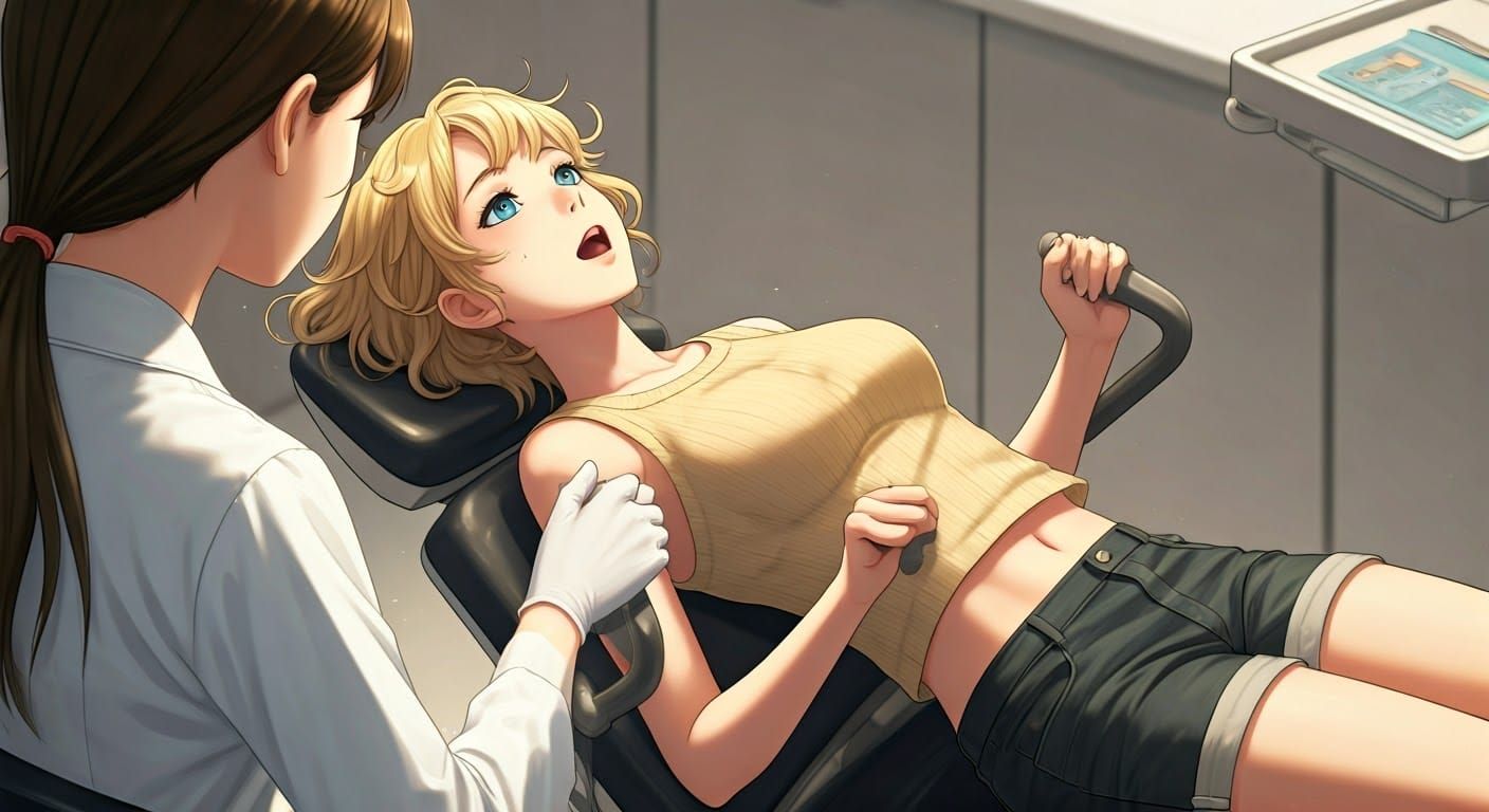 Japanese Anime Girl in Dental Chair, Vibrant Colors, Exagger...