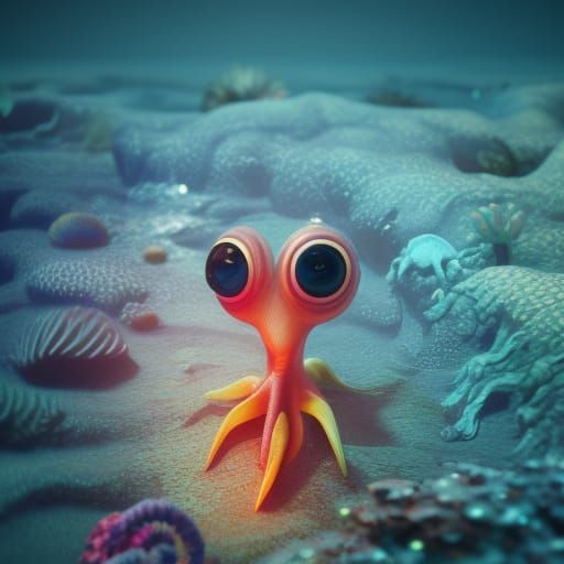 Cyberpunk Squid with Large Eyes in Ocean Depth