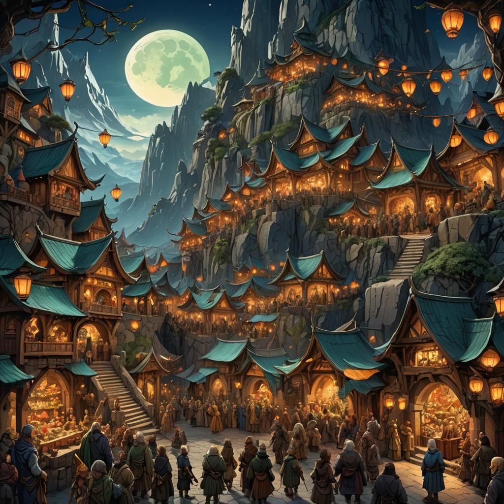 Fantasy Marketplace with Elves and Dwarves in Moonlight
