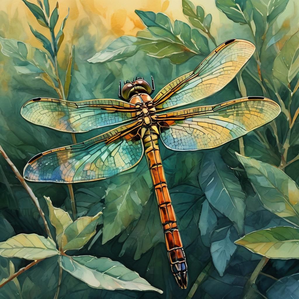 Dragonfly on Leaf in Gouache Watercolor Style