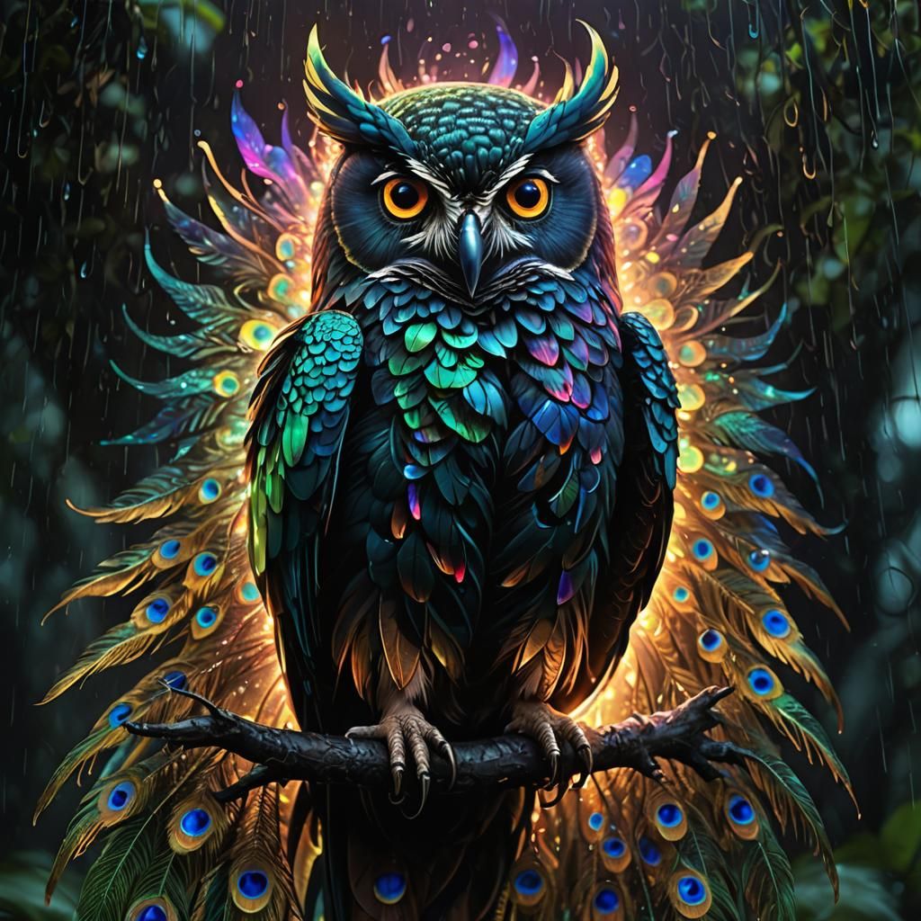 Iridescent Owl-Parrot-Peacock Hybrid in Luminism Style