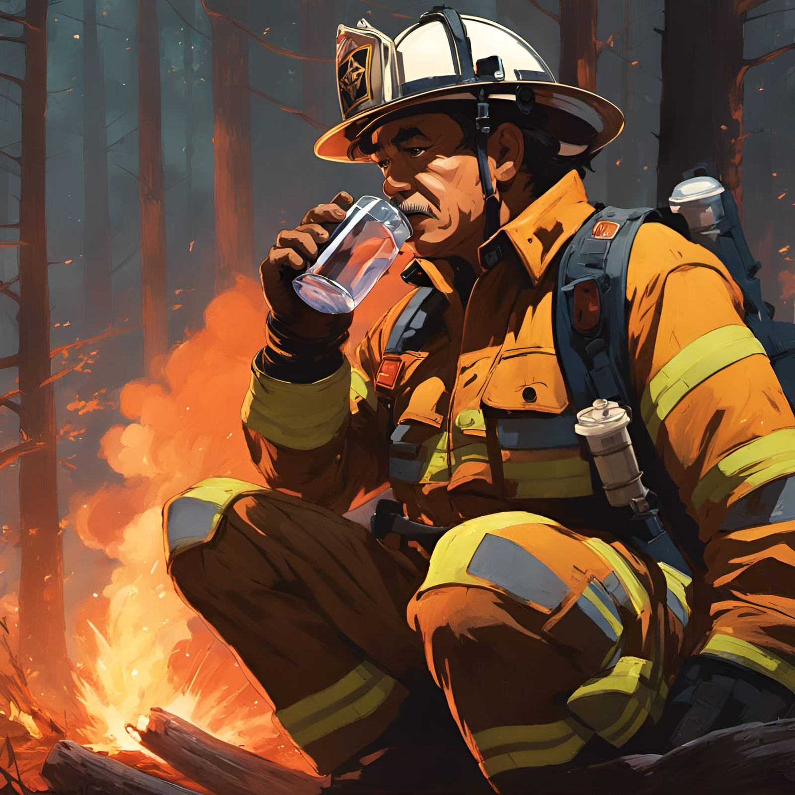 Tired Firefighter Drinks After Forest Fire