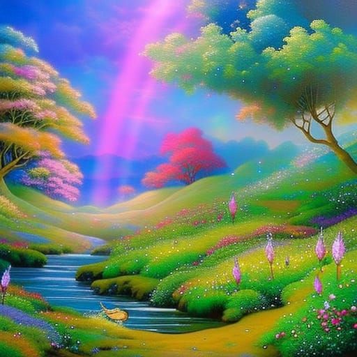 Enchanted Land with Magical Creatures and Rainbow