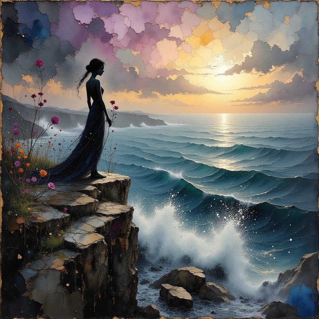 Woman on Windswept Cliff Overlooking Ancient Ocean