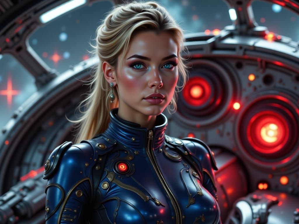 Blonde Space Fighter Pilot in Starship Launch Bay