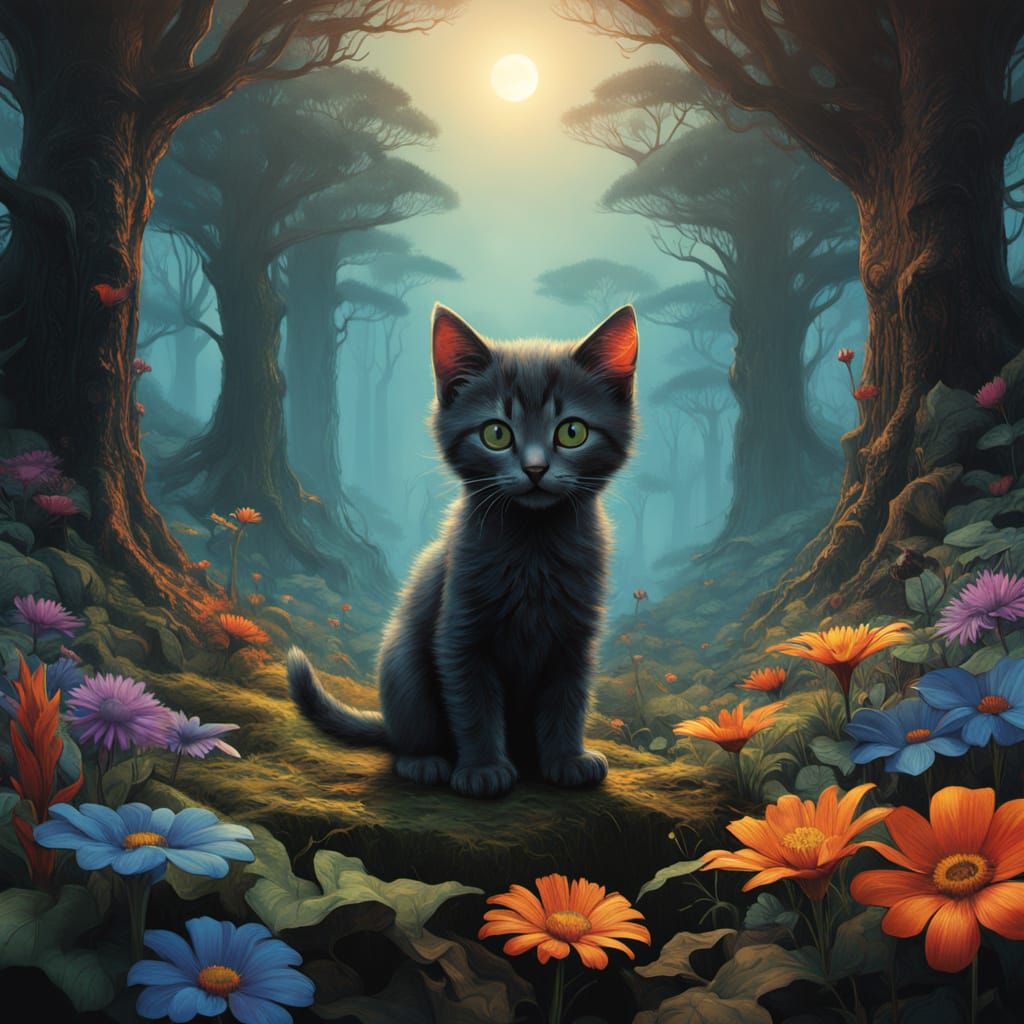Whimsical Baby Kitten in a Vibrant, Ancient Forest