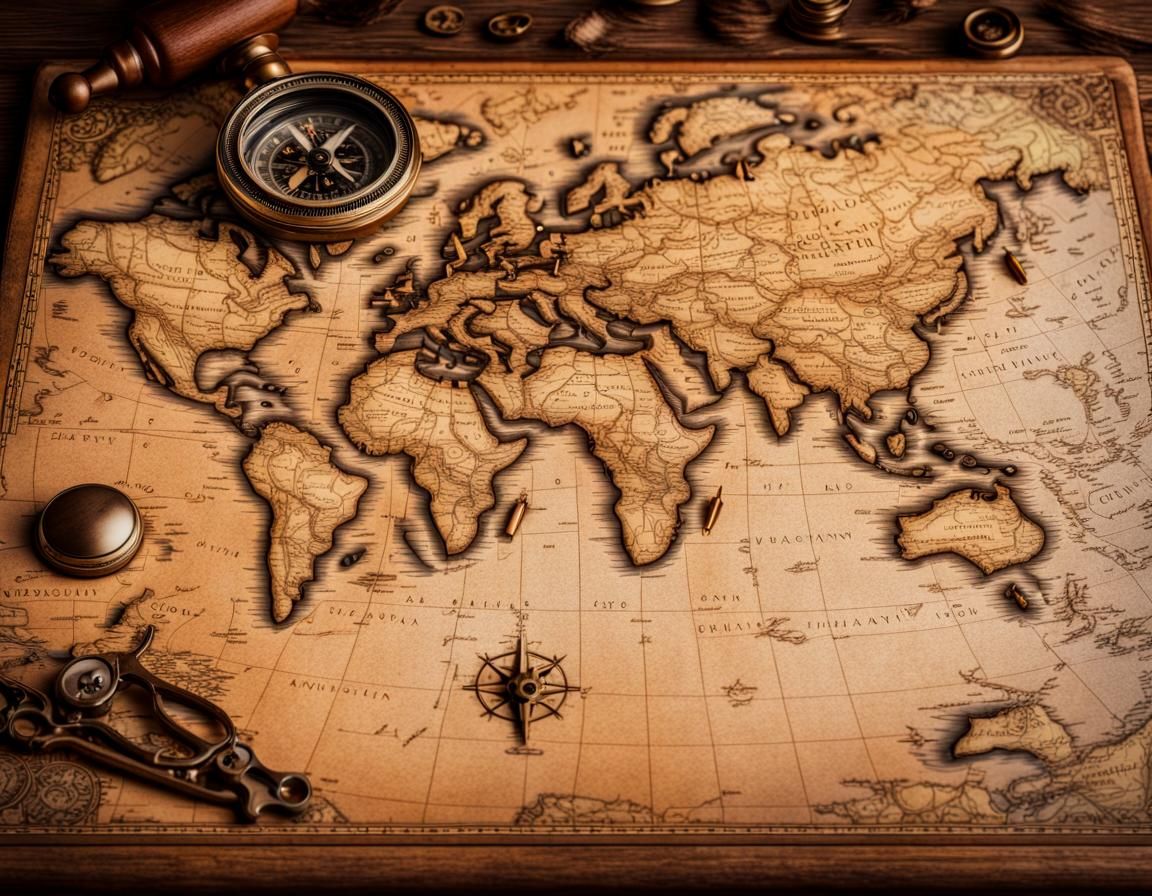 Detailed Old World Map with Pirate Treasure