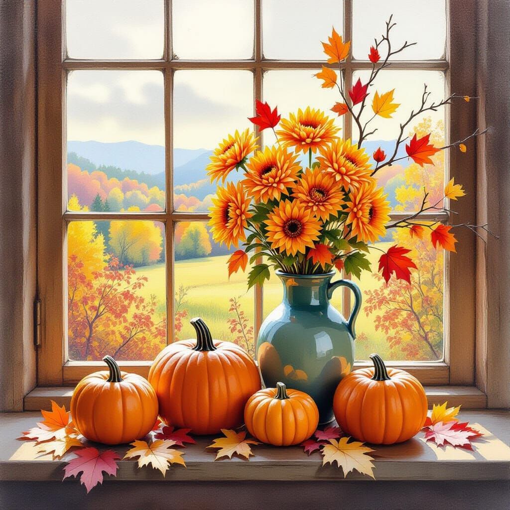 Autumn Still Life with Pumpkins and Flowers