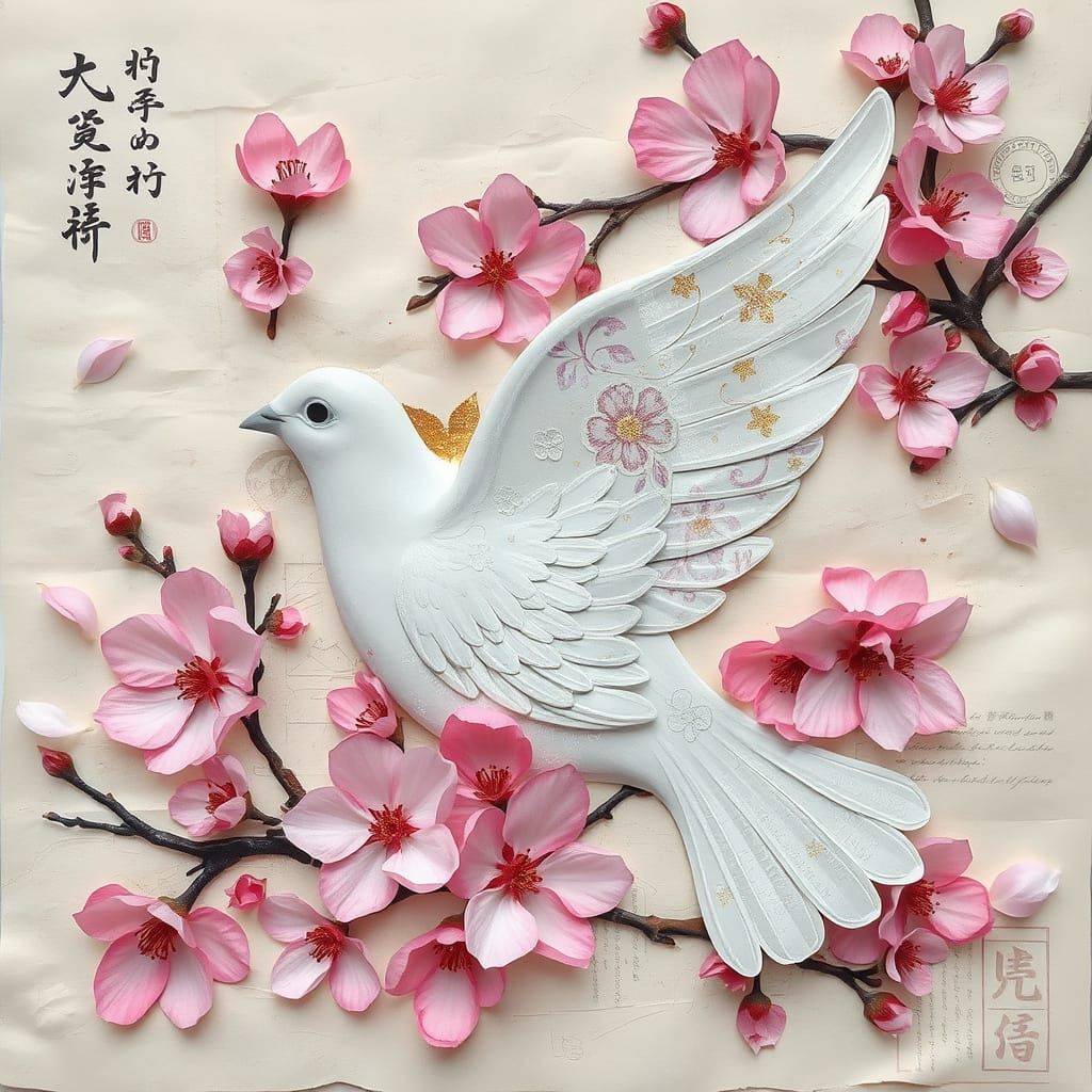 Ethereal Dove Amid Cherry Blossoms in Mixed Media Masterpiec...