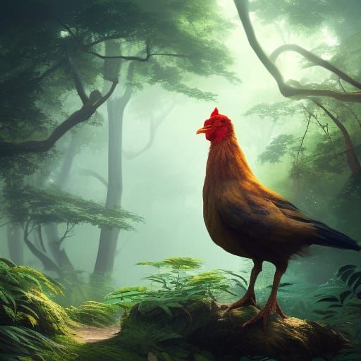 Elegant Chicken in Forest Beach Landscape: Photorealistic So...