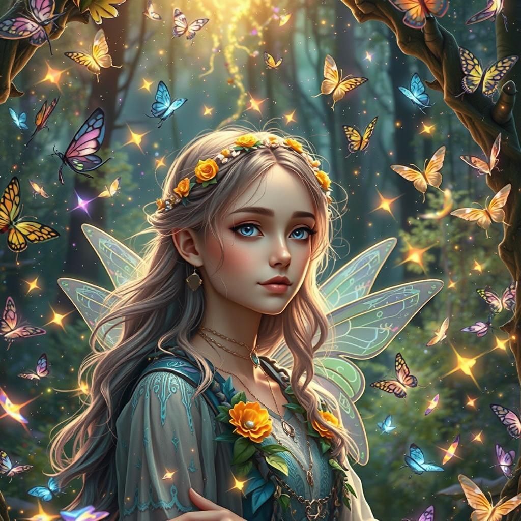 Mystical Fairies, Elves, and Unicorn with Fireflies