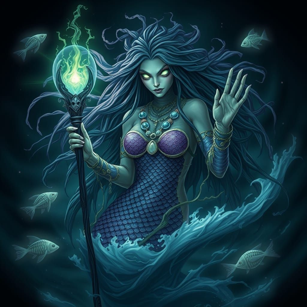 Mystical Sea Witch Emerges from Dark Ocean Depths