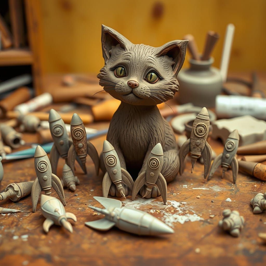 Whimsical Clay Cat Surrounded by Miniature Space Rockets in....