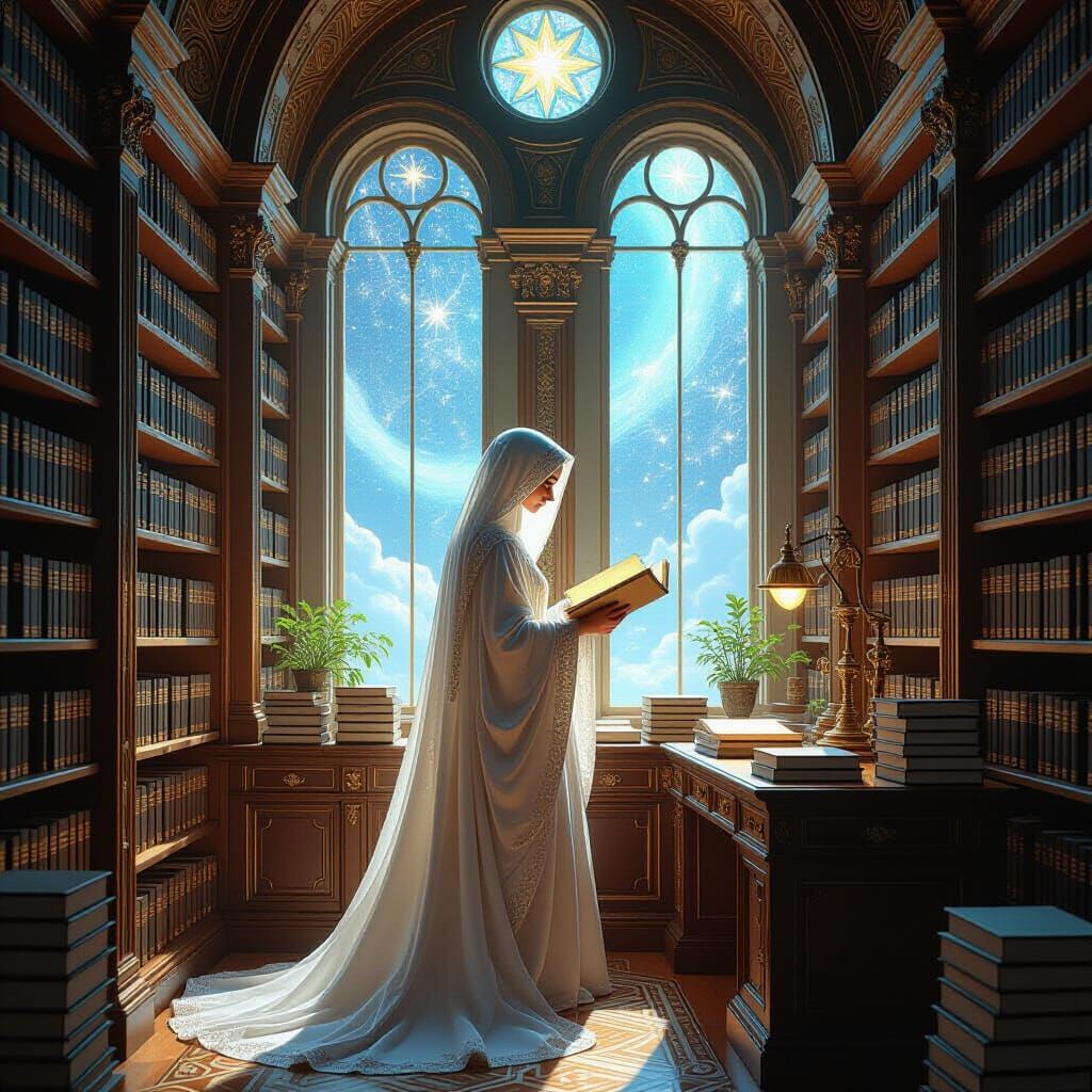 Celestial Librarian Organizes Glowing Books in Art Nouveau S...