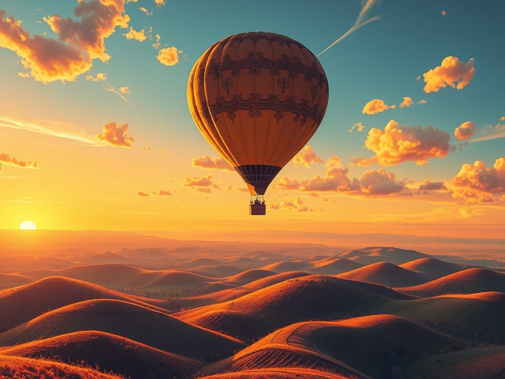 Whimsical Hot Air Balloon Rides Above Golden Sunset Landscap...