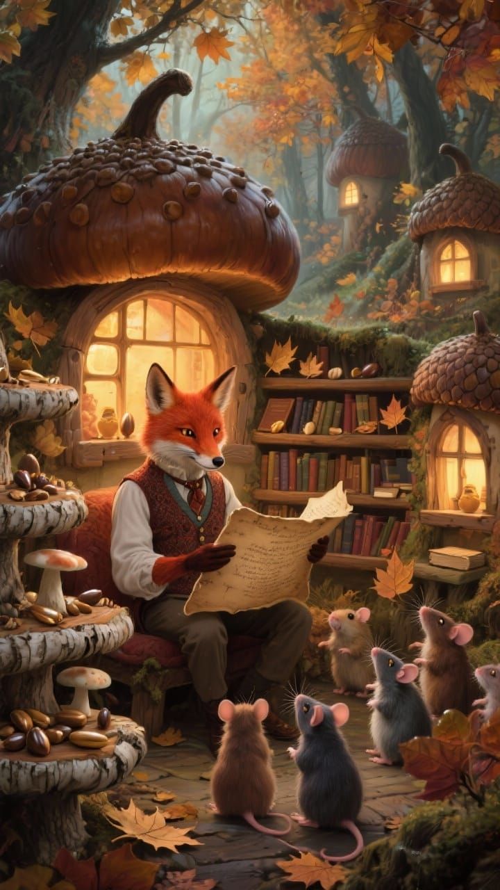 Cozy Acorn Village with Scholar Fox in Autumn Forest