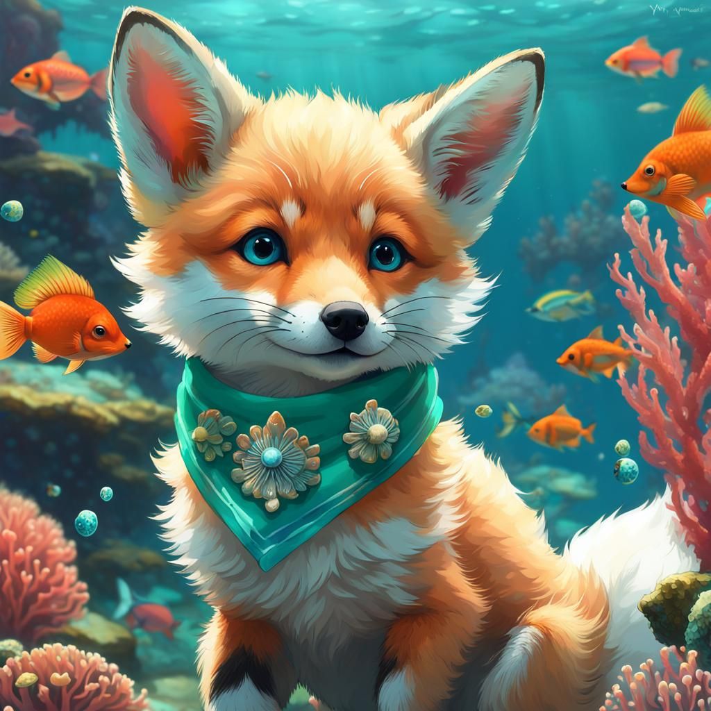 Fox Pup in Coral Reef, Digital Art