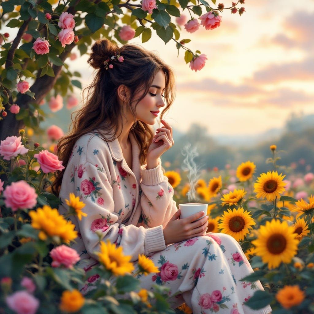 Woman in Floral Pajamas Sits with Coffee in Whimsical Garden