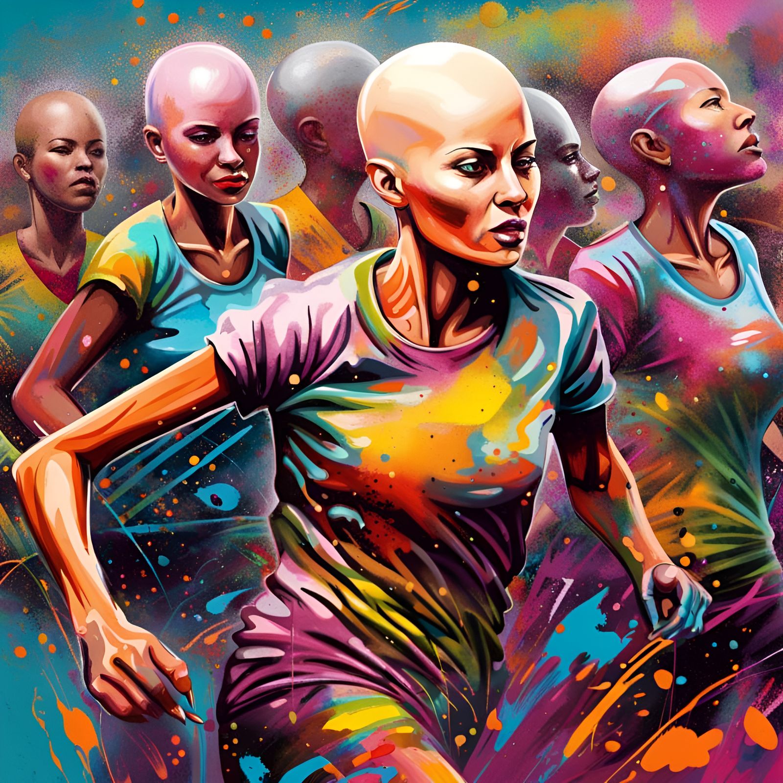 Bald Women Running: Graffiti Art in Polychromatic Field