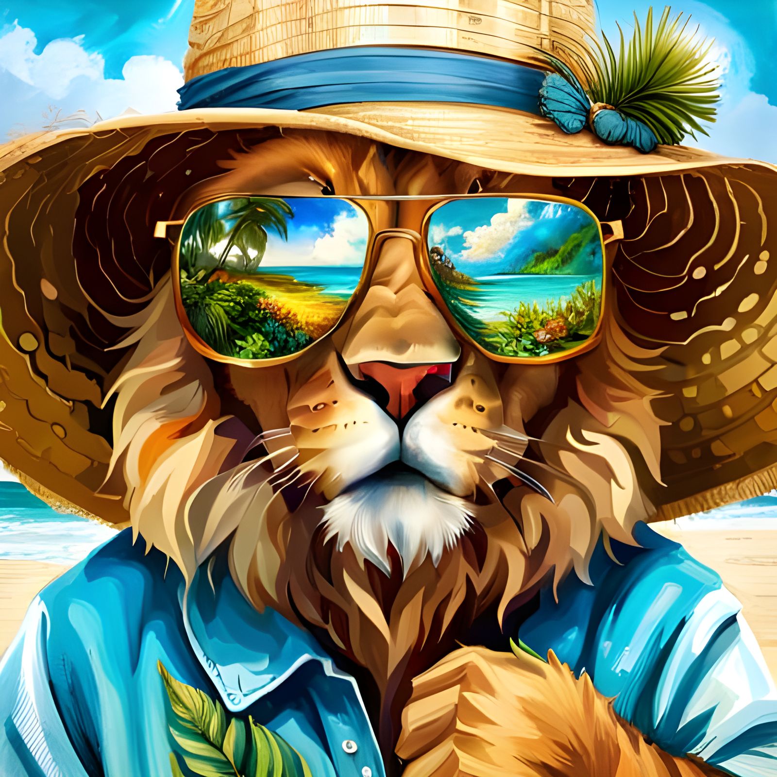 Lion on Beach in Hawaiian Shirt: Digital Art