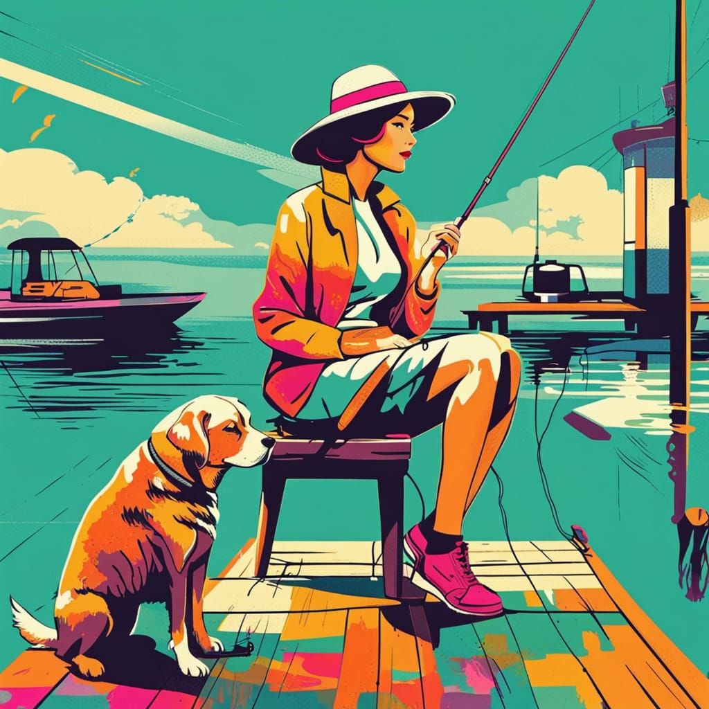 Woman and Dog Fishing: Pop Art Screen Print