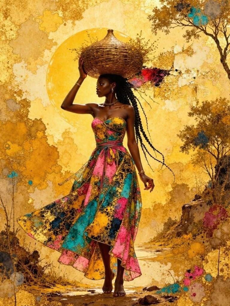 Beautiful African Woman Portrait in Gold, Pink, and Turquois...