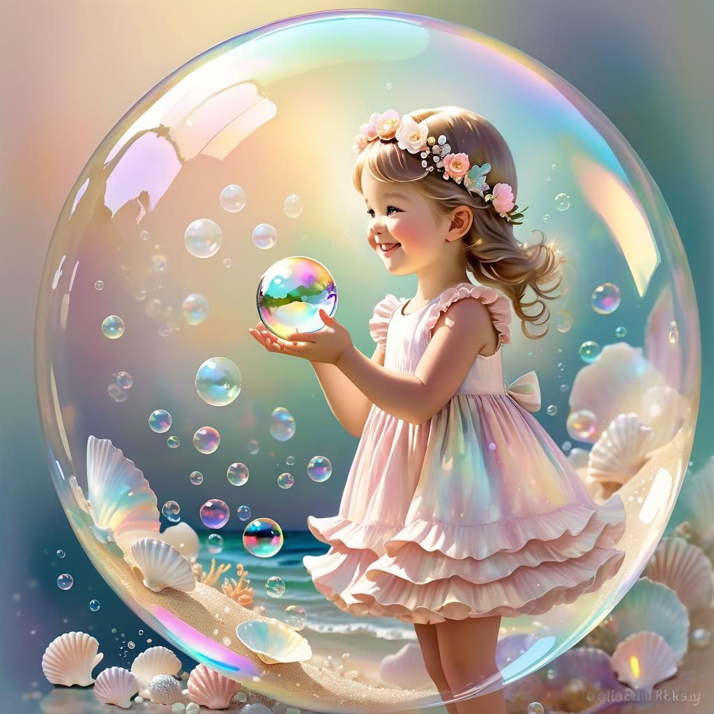 Iridescent Pearl Girl Playing in Soap Bubble