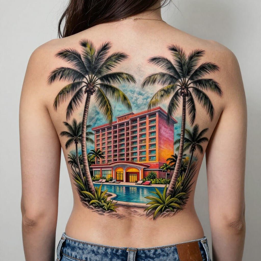 Vibrant Hotel & Palm Tree Tattoo on Woman's Back