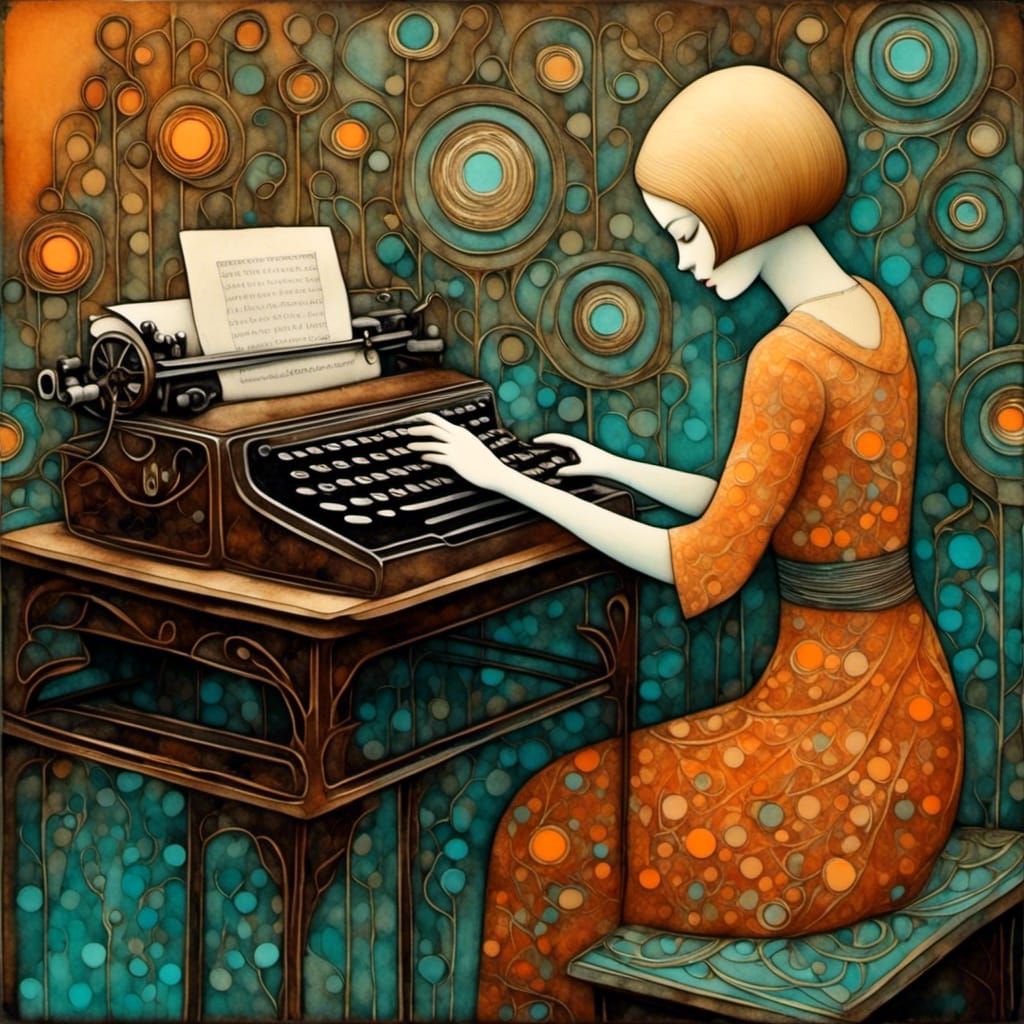 Vintage Metal Sign of Woman Typing, Art Brut Style