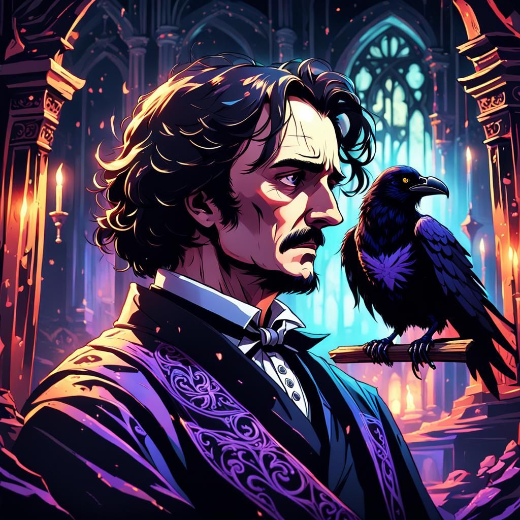 Anime Edgar Allan Poe Crying with Raven