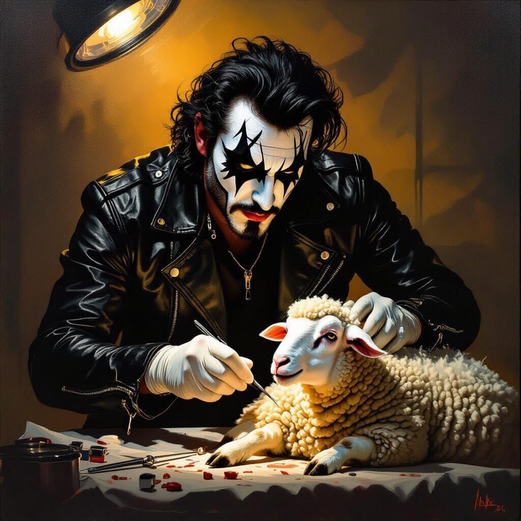 KISS-Style Man Performs Veterinary Procedure on Sheep