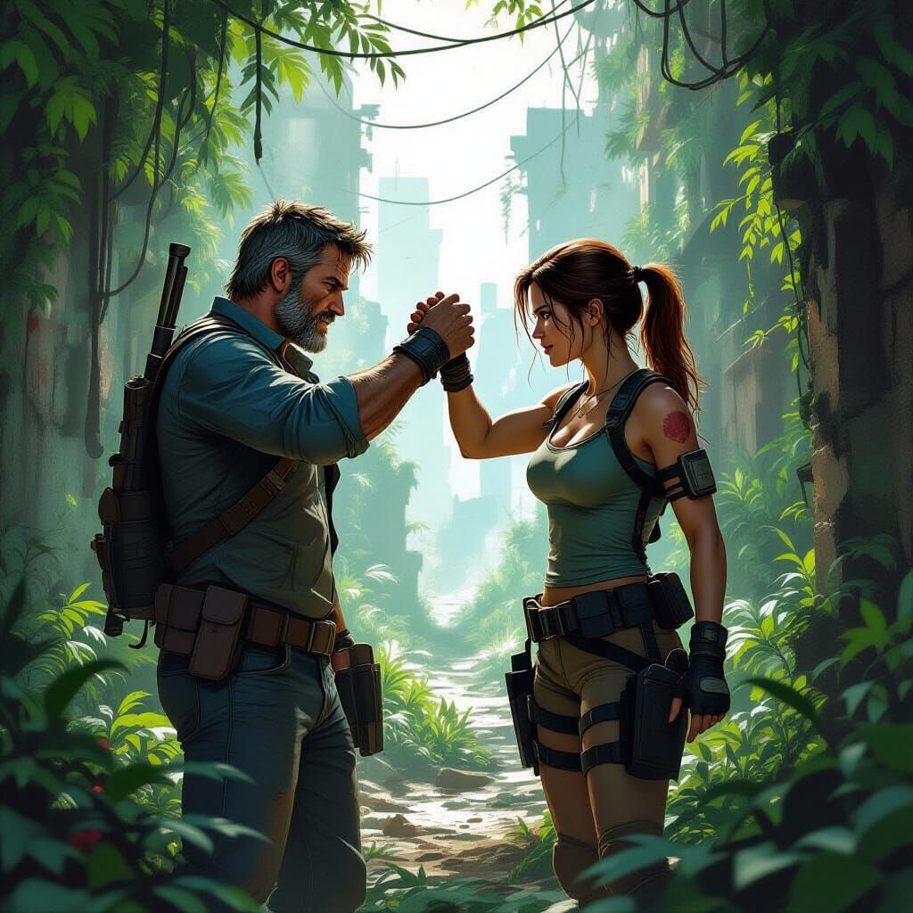 Joel & Lara Croft High-Five in Ruined City