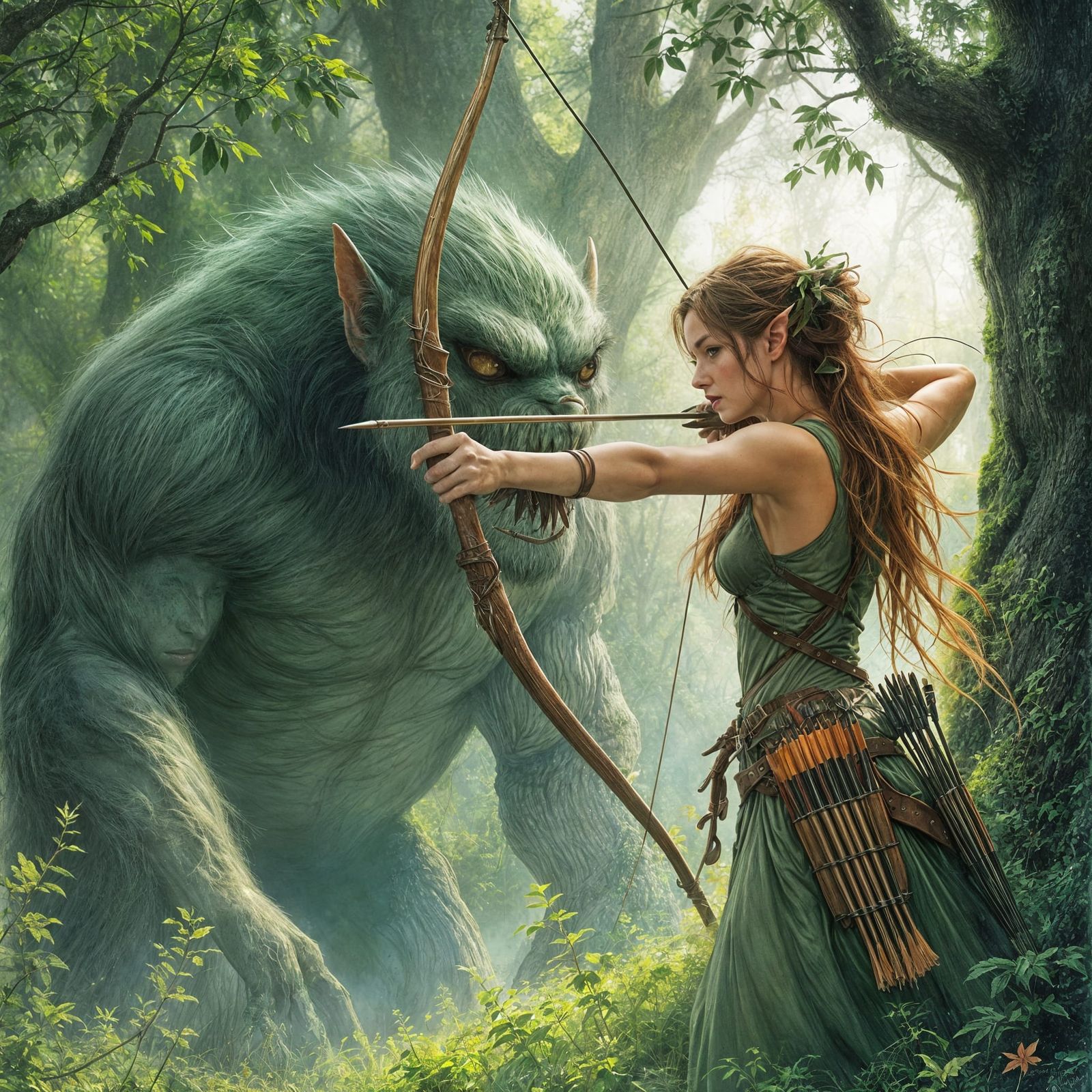 Half-Elf Archer in Forest, a Pastel Illustration