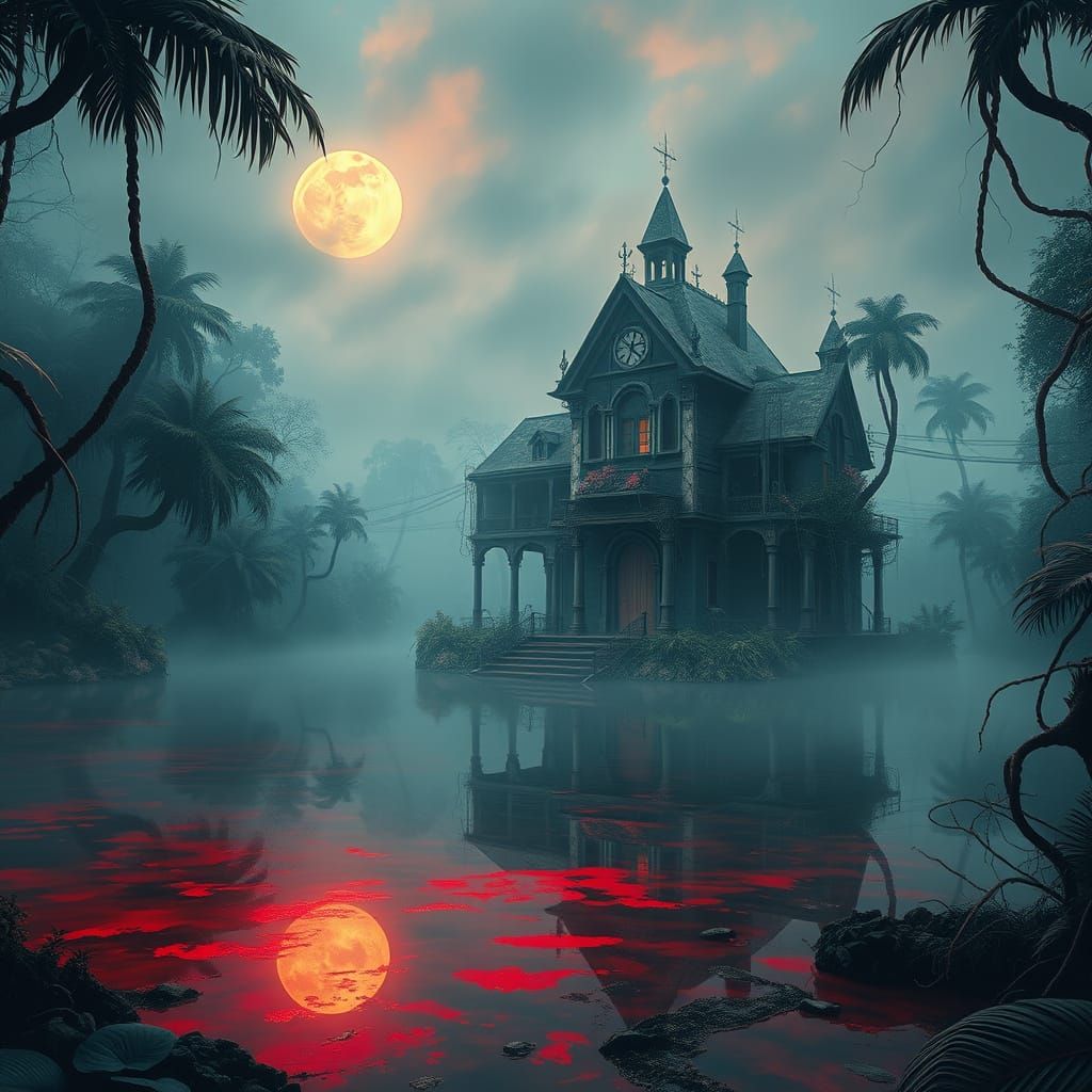 Mysterious Ancient Horror House in Blood-Red Lake at Night